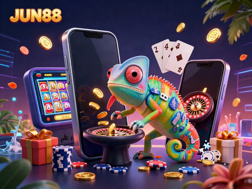 Experience the vibrant online gaming atmosphere of JUN88, showcasing a dynamic chameleon owner, colorful slot games, and a lively casino scene.