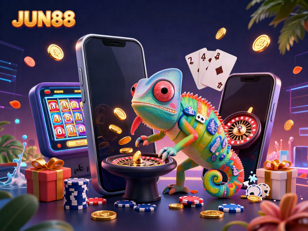 Experience the vibrant online gaming atmosphere of JUN88, showcasing a dynamic chameleon owner, colorful slot games, and a lively casino scene.