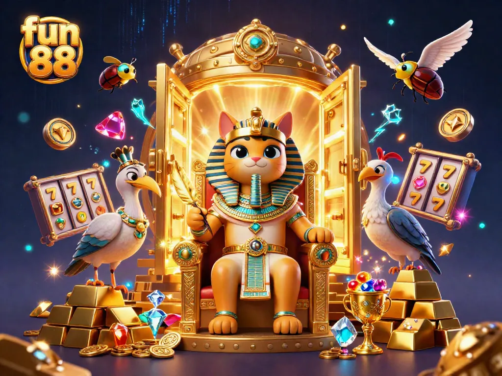 Experience gaming excitement with fun 88 through a vivid, animated casino scene, blending pharaoh themes.
