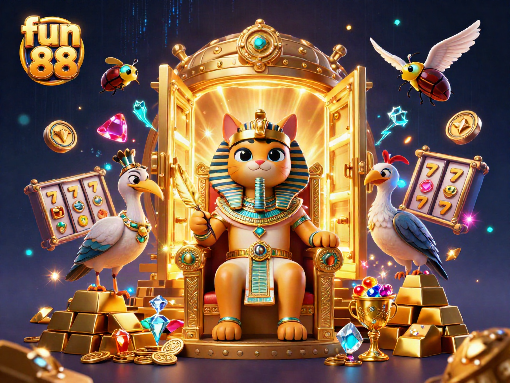 Experience gaming excitement with fun 88 through a vivid, animated casino scene, blending pharaoh themes.