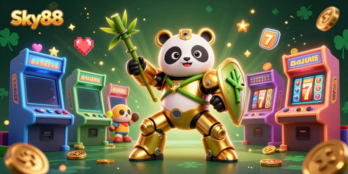 Experience thrilling gameplay with the Sky88 golden panda and bamboo robot in an energetic online casino scene.