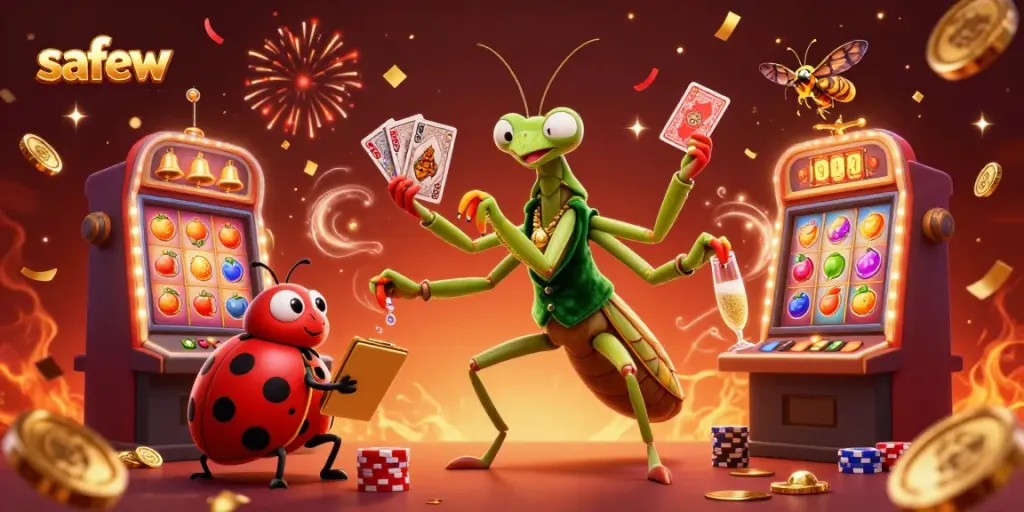 Experience thrilling gameplay with safew as the mantis sharp deals cards while ladybug oversees the exciting casino scene.