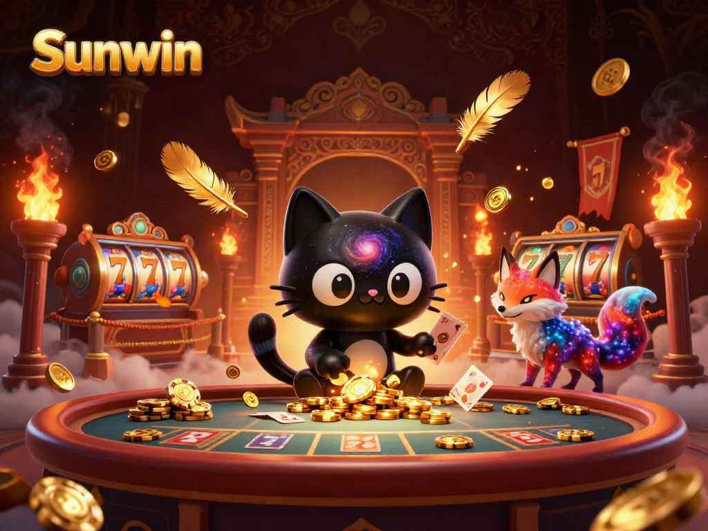 Experience thrilling gaming with Sunwin's cosmic casino featuring a captivating black hole cat and vibrant fox.