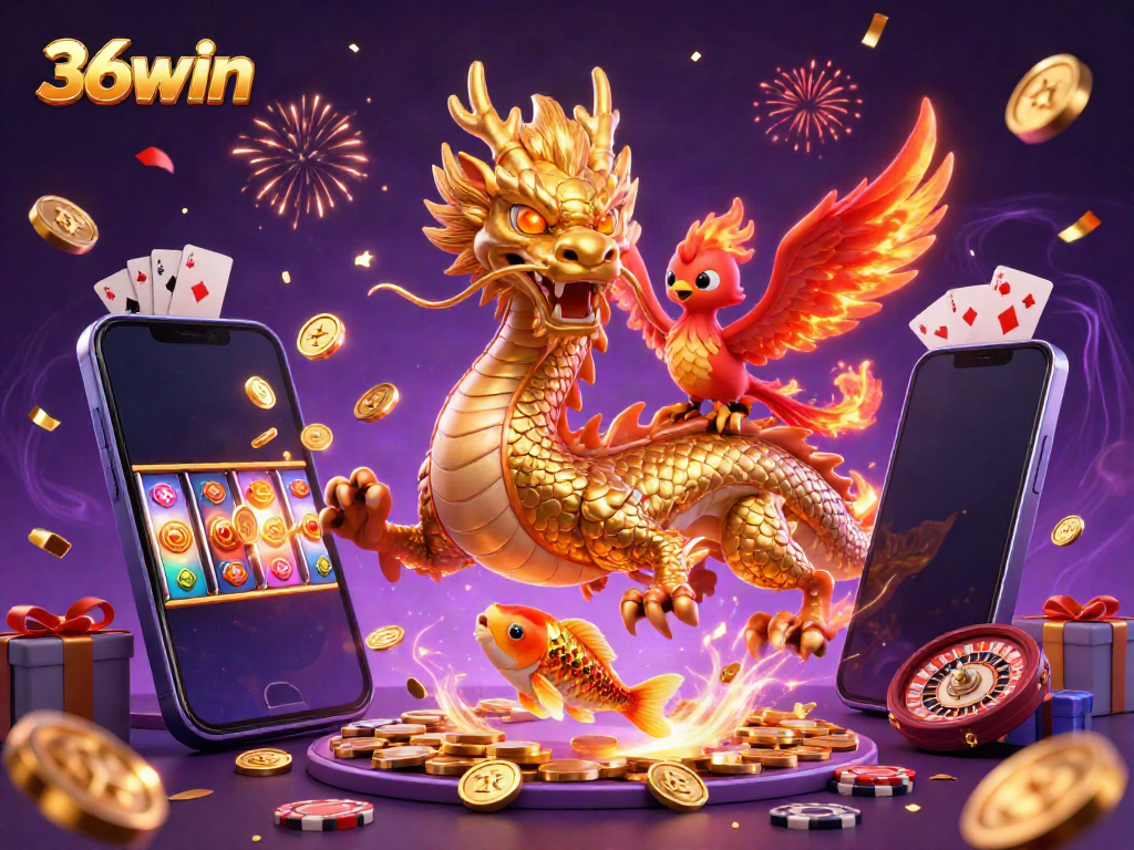 Engage in 36win's thrilling casino experience with a vibrant scene featuring a golden dragon and phoenix.
