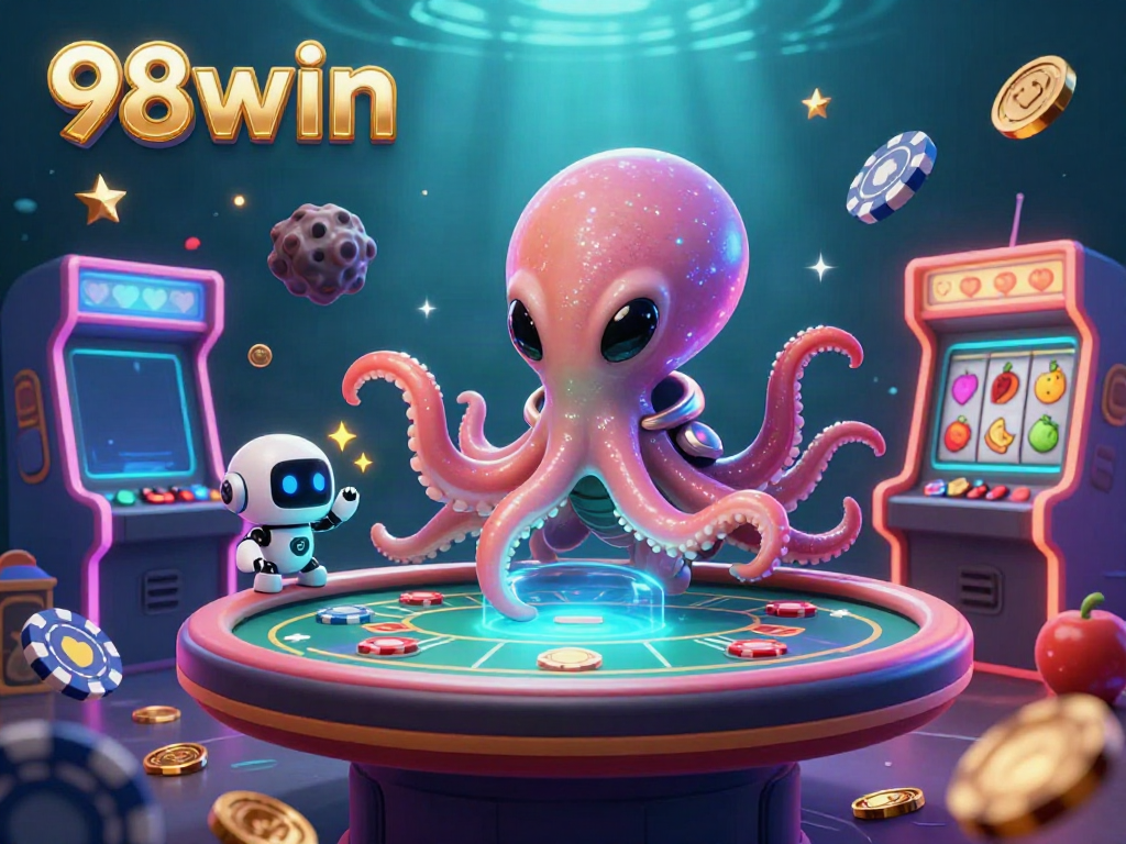 Experience the excitement of 98win with a vibrant scene showcasing a playful alien octopus at a poker table, surrounded by dynamic gaming elements.