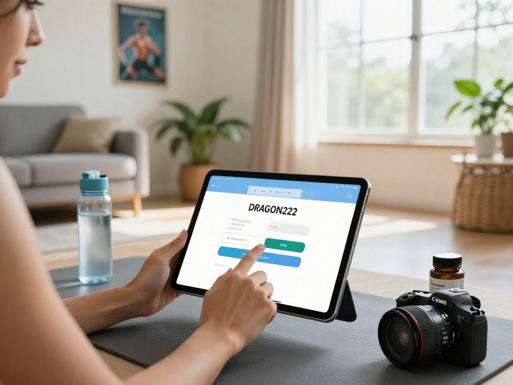 Entering login DRAGON222 on a health app in a bright home setting with wellness items.