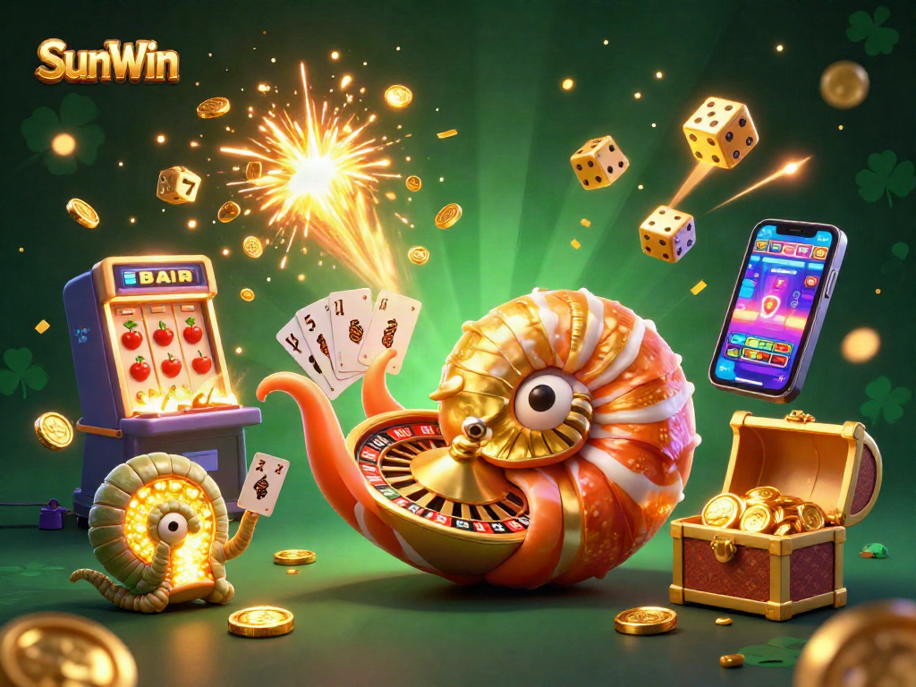 Experience the thrills of SunWin as a giant nautilus spins a roulette wheel amidst vibrant casino elements.