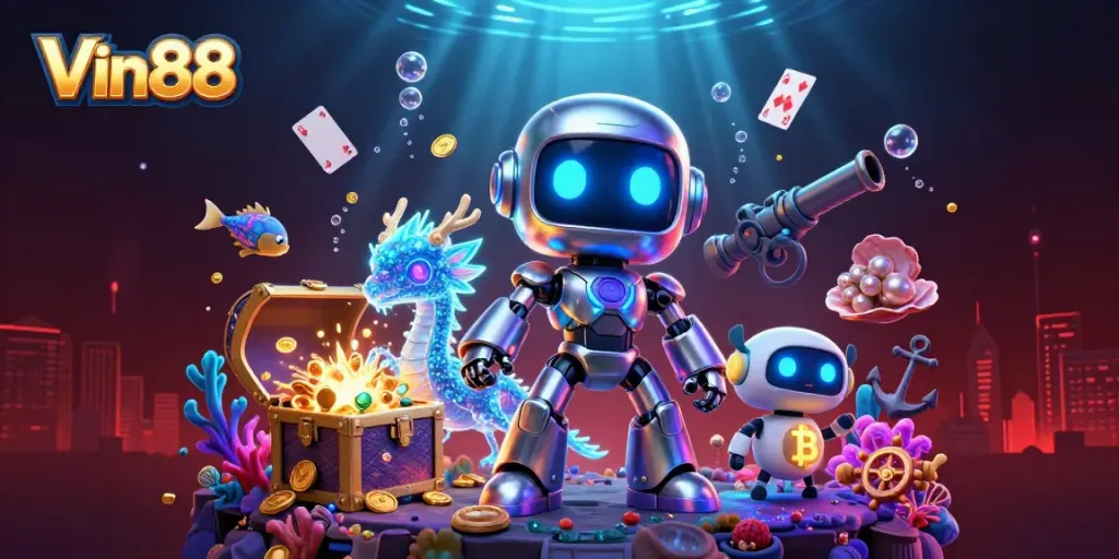 Engage in Vin88's 3D gaming adventure with futuristic characters and vibrant casino elements.