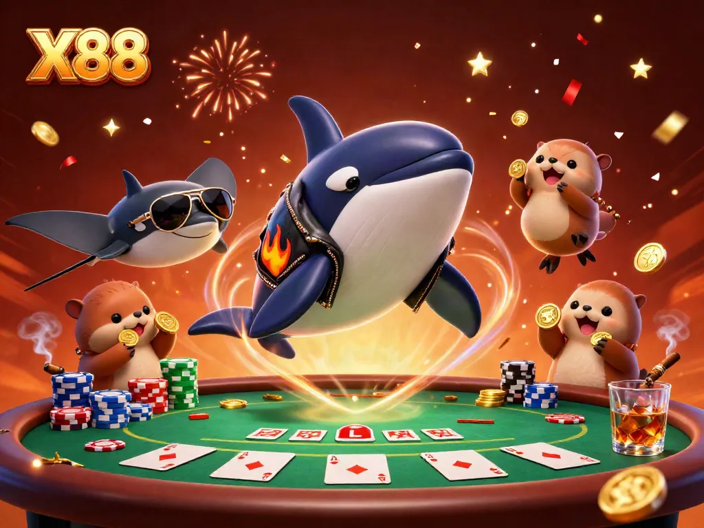 X88 showcases an exciting casino scene with an orca in a biker jacket, a stingray in aviators, and sea otters amidst poker chips.