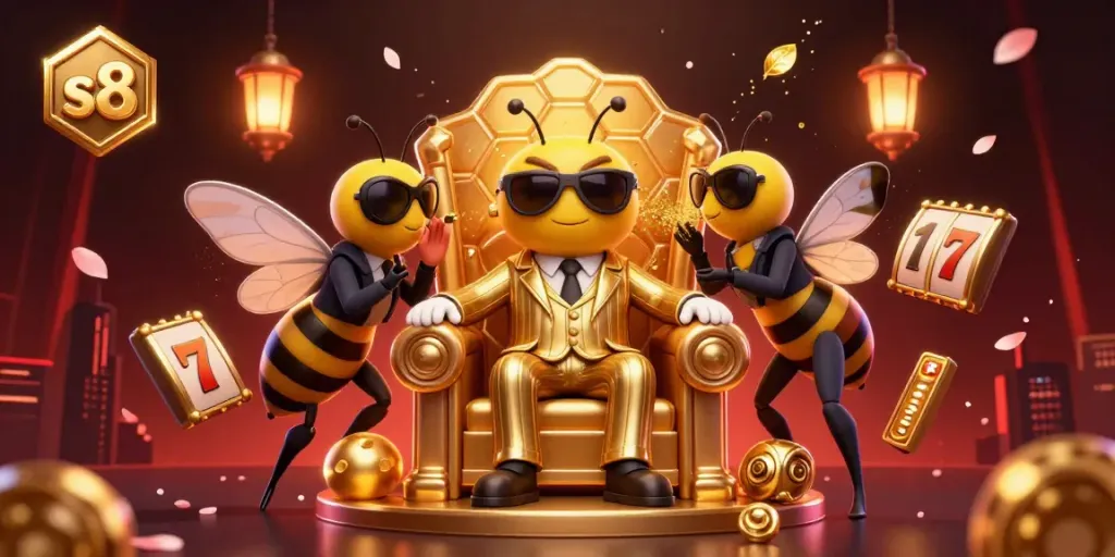 Experience the vibrant energy of s8 with a cartoon bumblebee mob boss and slot games in a dazzling casino scene.