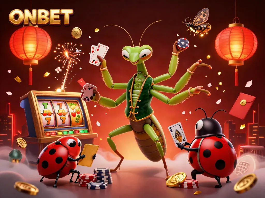 Experience exciting moments at ONBET casino with a giant praying mantis card sharp, ladybug pit boss, and dynamic game elements