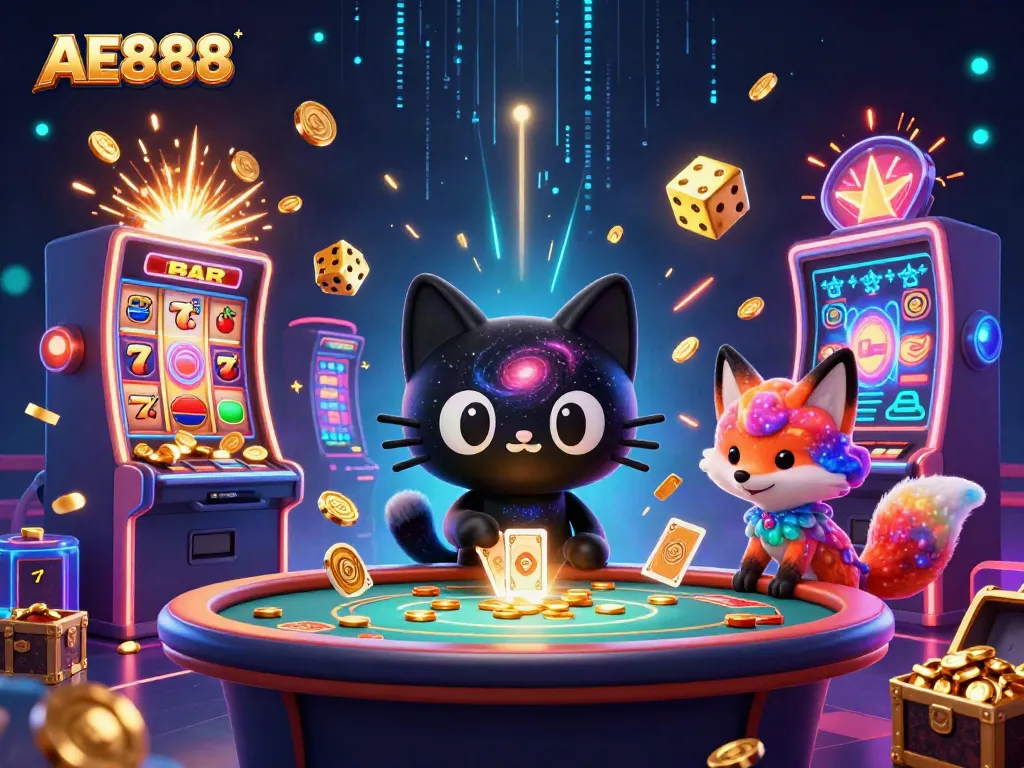 Engage with AE888's vibrant casino adventure, featuring a black hole cat and colorful nebula fox in a cosmic gaming scene.