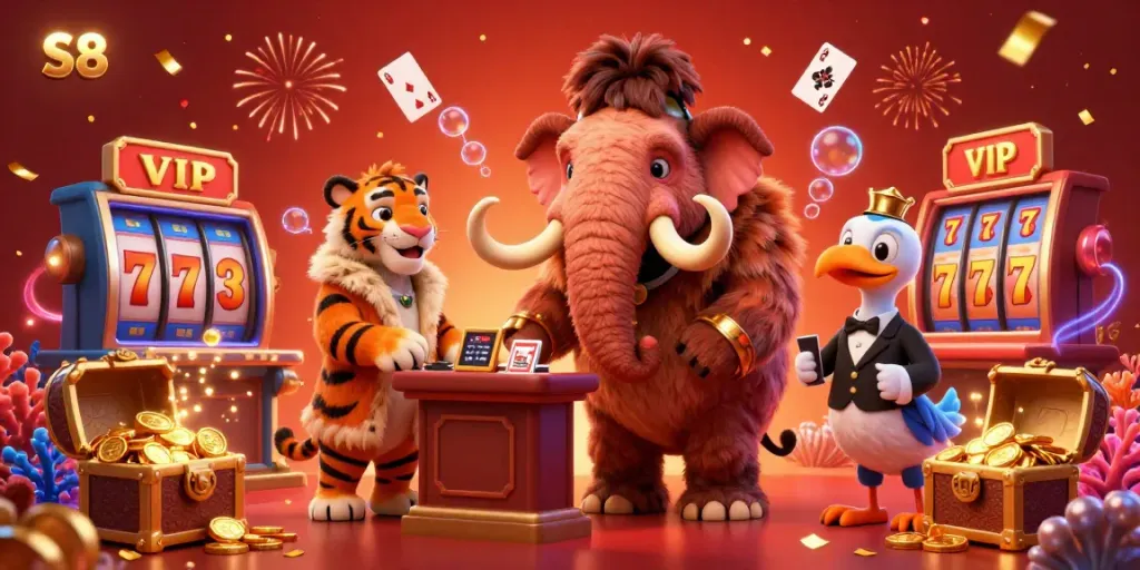 Experience the thrills of S8 casino with a vibrant 3D scene featuring unique characters and exciting gaming elements.