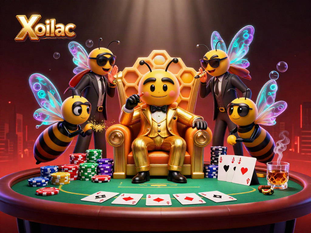 Experience Xoilac's vibrant betting scene with a dynamic cartoon bumblebee mob boss and poker action.