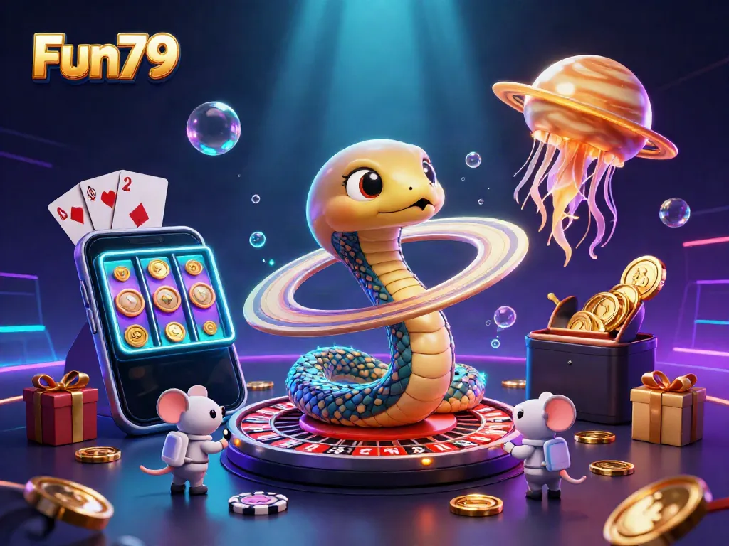 Experience the thrilling world of Fun79 as cartoon astronaut mice bet on Saturn's roulette rings in this vibrant scene.