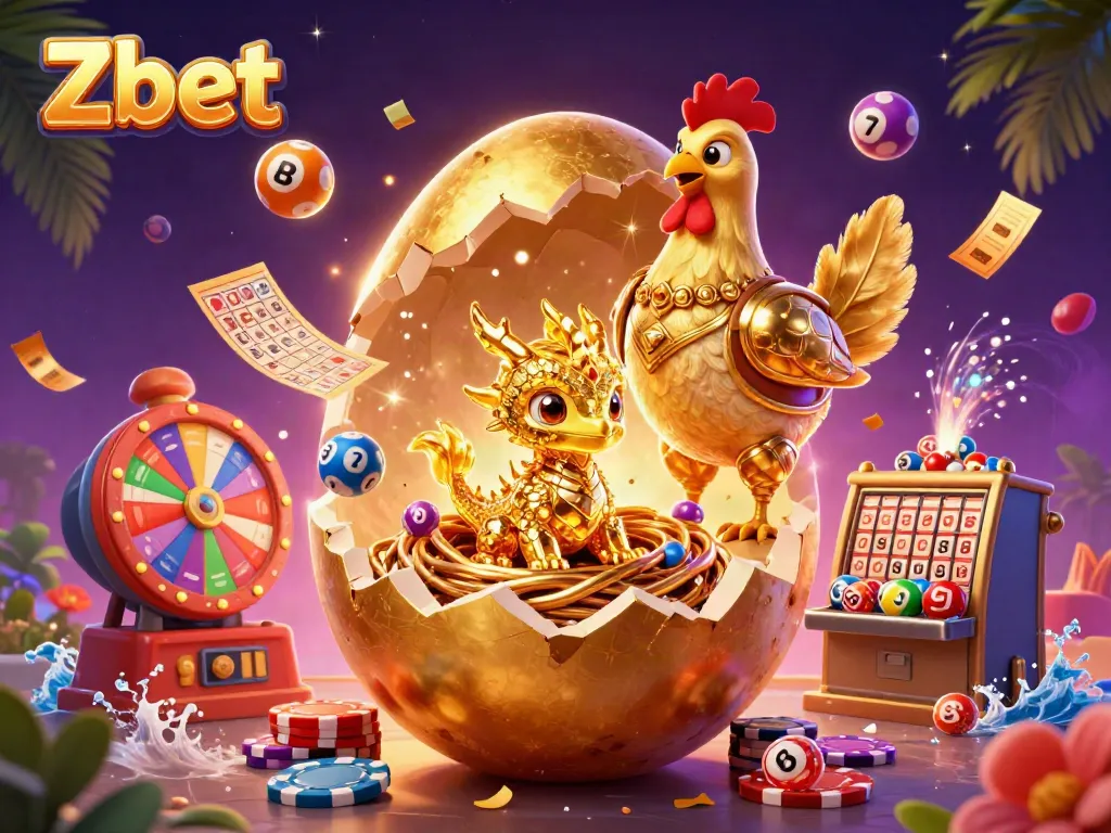 Zbet features a golden dragon emerging from a nest of poker chips amid vibrant casino elements.