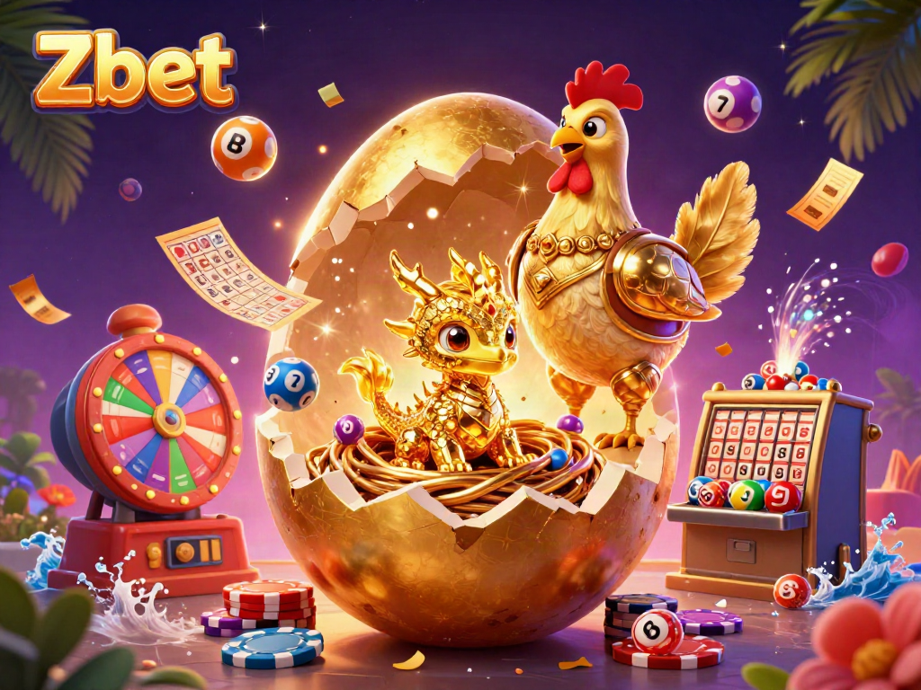 Zbet features a golden dragon emerging from a nest of poker chips amid vibrant casino elements.