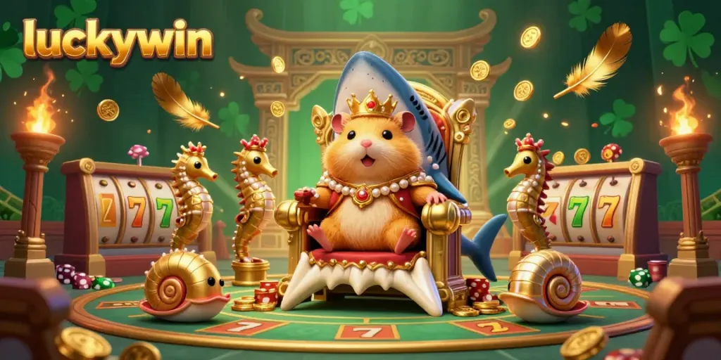 Experience thrilling moments at luckywin with an adventurous hamster king amidst slot reels, jackpots, and vibrant casino elements.