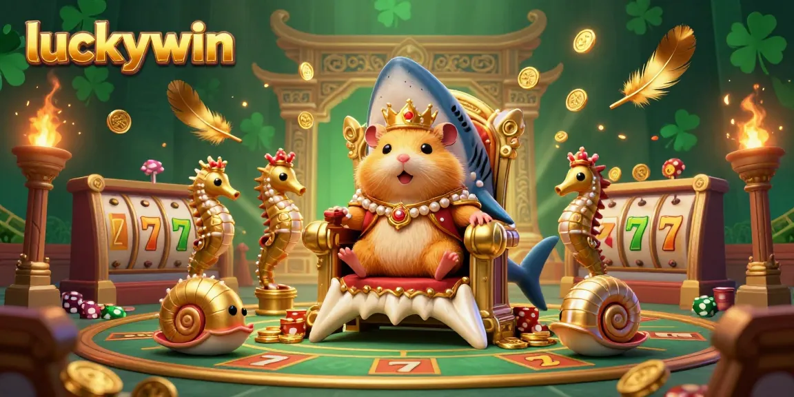 Experience thrilling moments at luckywin with an adventurous hamster king amidst slot reels, jackpots, and vibrant casino elements.