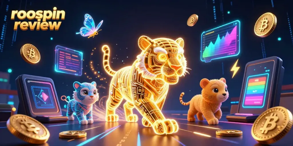 Engage in the thrilling roospin review with a golden tiger and digital elements in a vibrant casino landscape