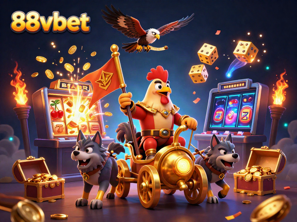 Experience the thrill of 88vbet with dynamic 3D casino illustration featuring a rooster warlord in action.