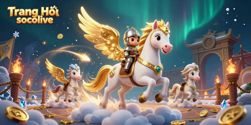 Engage with the dynamic scene of Trang Chủ socolive, featuring a celestial knight and horse, embodying a thrilling gambling adventure.