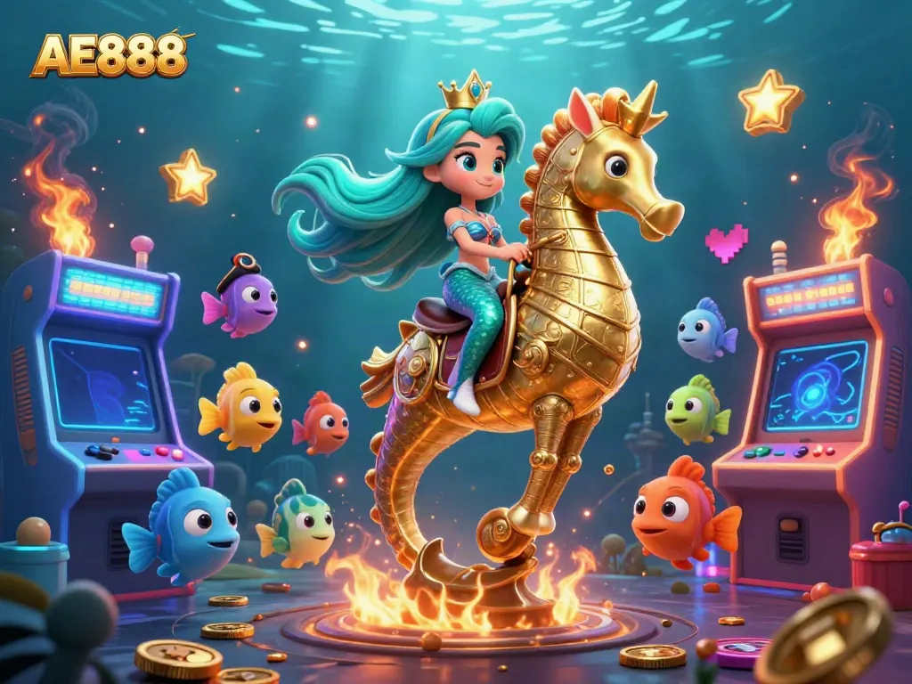 Experience the thrill of AE888 with a vibrant underwater casino scene featuring a mermaid princess and magical game elements.