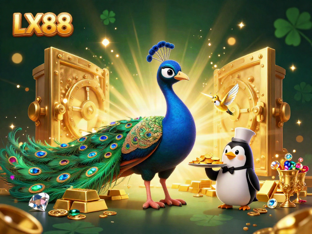 Experience the vibrant world of LX88, highlighted by a peacock, penguin, and hummingbird amidst precious treasures.