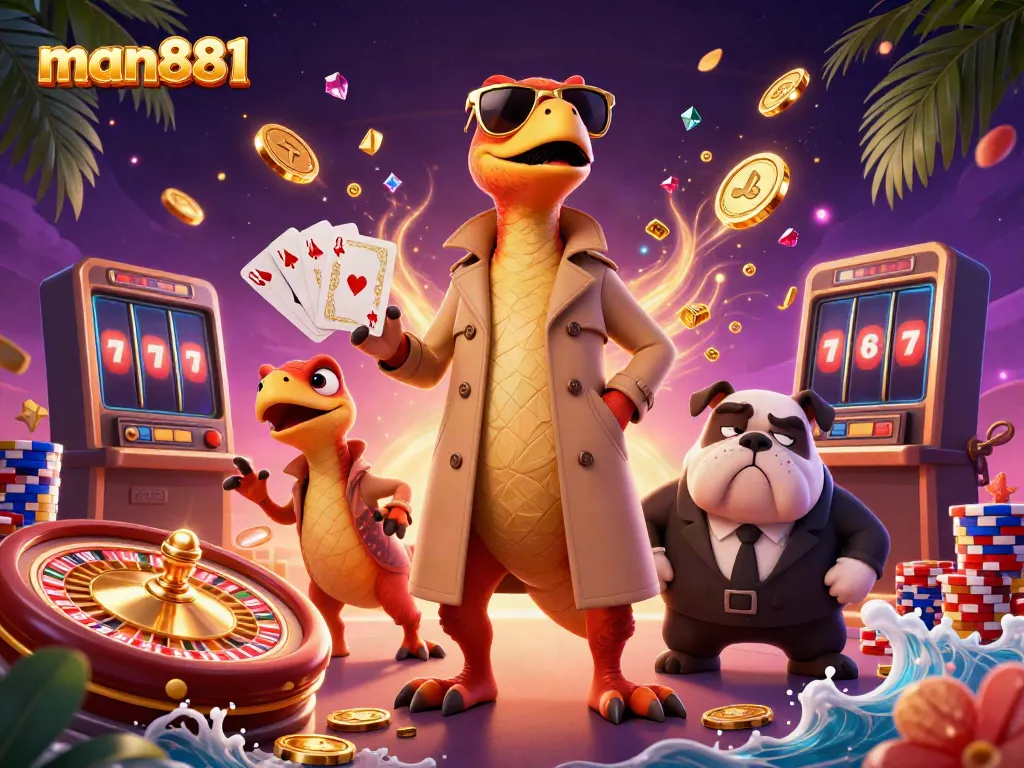 Experience the thrill of man881 in a dynamic casino scene with raptors and a bulldog bouncer.