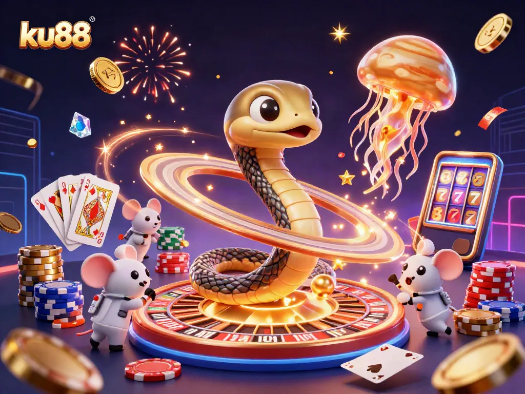 Place your bets on ku88 with astronaut mice and a cosmic dealer in a vibrant casino scene.