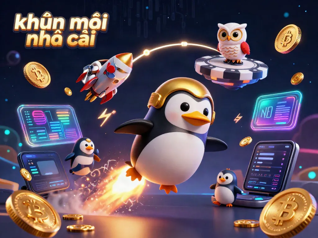 Engage in khuyến mãi nhà cái with a vibrant scene showcasing a golden penguin soaring towards a casino space station.