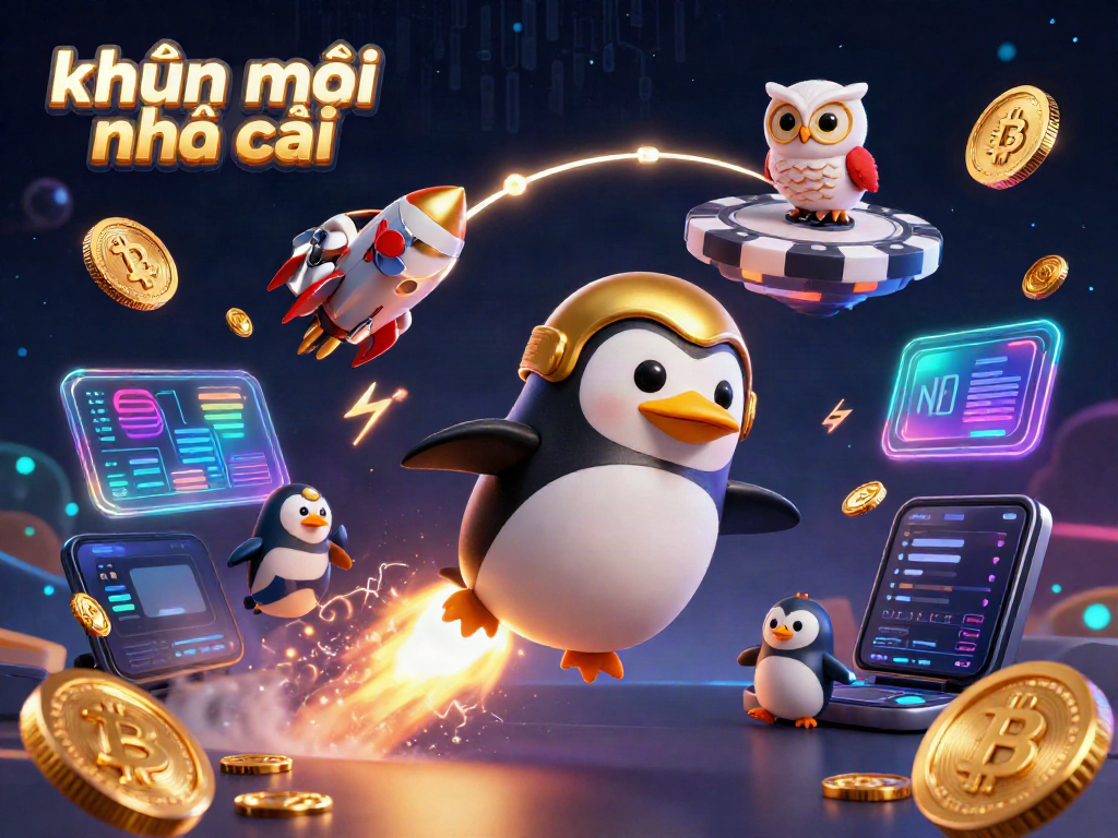 Engage in khuyến mãi nhà cái with a vibrant scene showcasing a golden penguin soaring towards a casino space station.