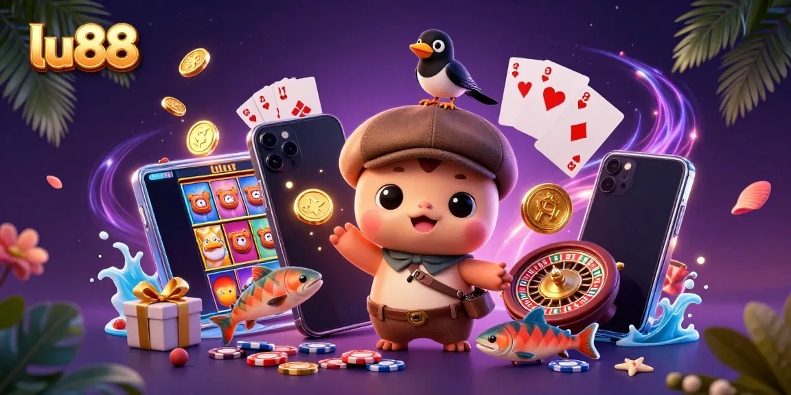 Experience lively gaming at lu88 with an adorable Nessie, magpie, and salmon amidst vibrant slot game elements.
