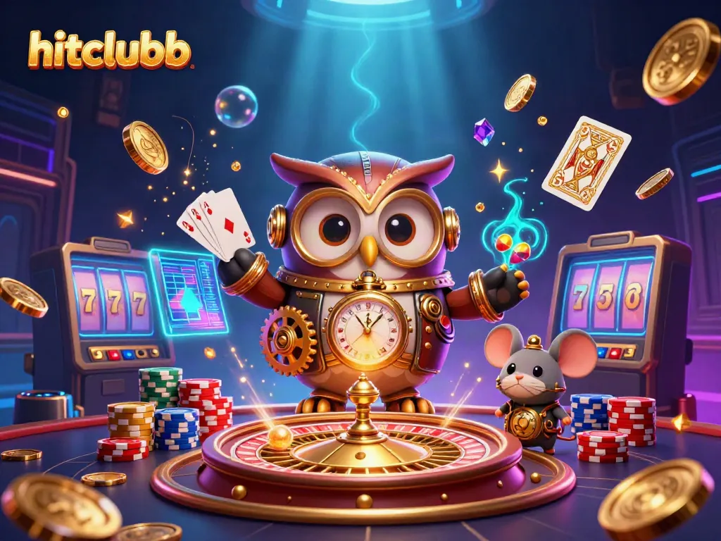 Engage with hitclubb's thrilling casino atmosphere, featuring a time-traveling owl and a dynamic game environment.