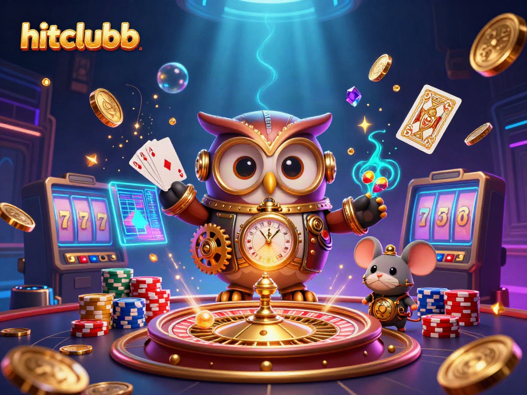 Engage with hitclubb's thrilling casino atmosphere, featuring a time-traveling owl and a dynamic game environment.