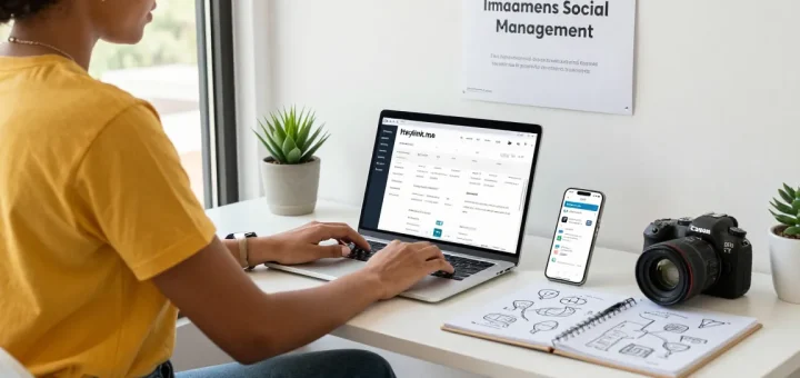 Karyawan kreatif menggunakan GEGESLOT untuk manajemen sosial media di ruang kerja modern.
